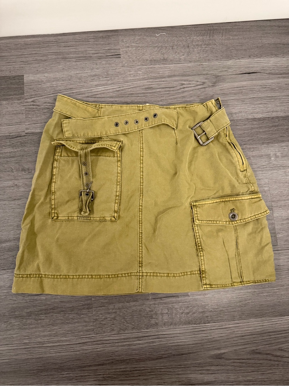 Free People Chartreuse Utility Mini Skirt with Buckle Pockets